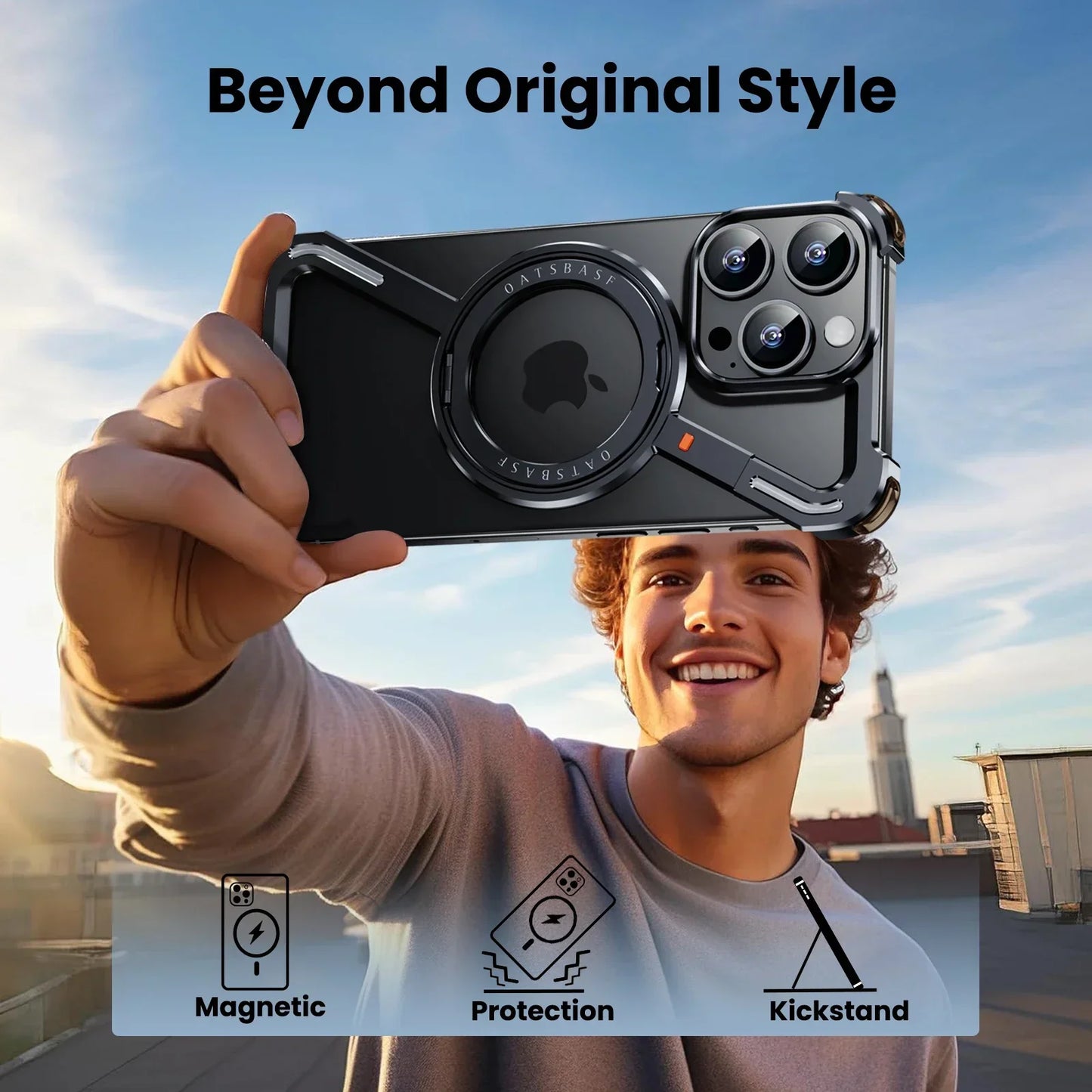 Oatsbasf Z Shape Metal Phone Case for iPhone 16 Pro Max Phone Protective Cover w/360° Rotation Holder